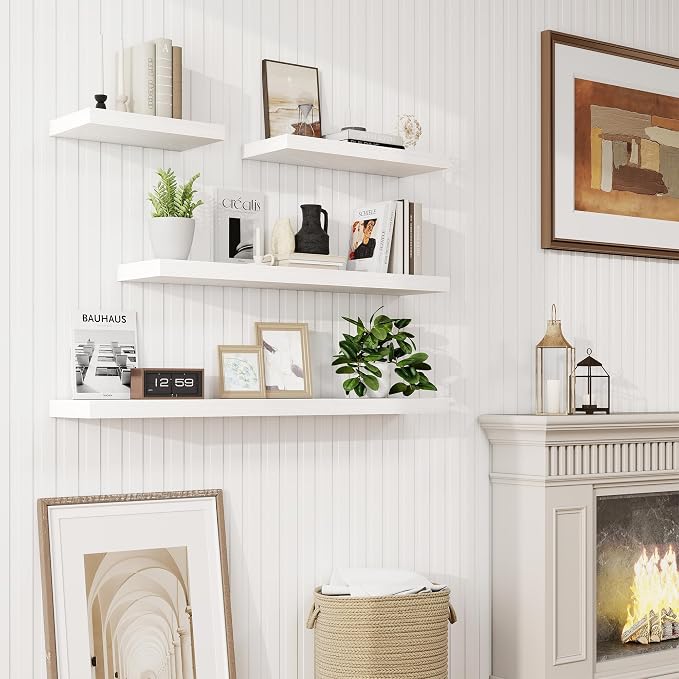 48in Floating Shelves for Wall, 48"W x 9.25"D x 1.25"H, 2 Pack Long Wall Mounted Engineered Wood Shelves with Invisible Brackets for Living Room, Bedroom, Bathroom, Kitchen Decor and Storage, White