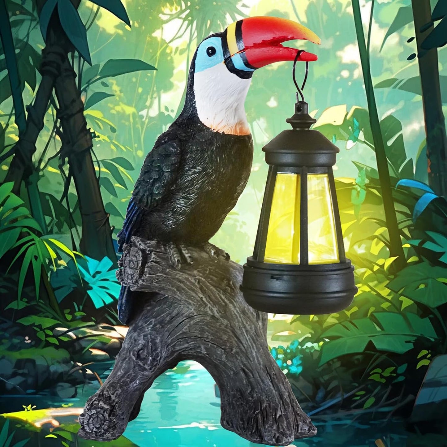 Toucan Garden Statues Decor, Solar Waterproof 9.5" Colorful Tropical Bird Sculpture with LED Lights Funny Garden Outdoor Exotic Bird Sculpture Decoration for Lawn Porch Yard Patio Tiki Bar