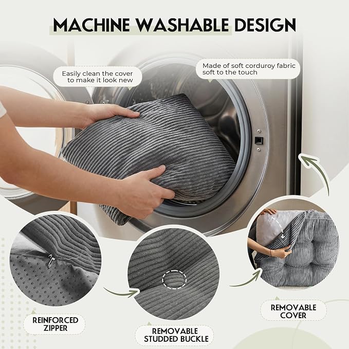11" Thick Washable Floor Pillow for Adults, Yoga & Meditation Cushion with Handle, Square Large Pillows Seating with Removable Tufted Corduroy Cover for Tatami Living Room Board Games, Light Gray New