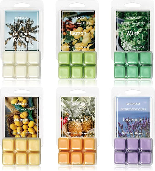 Maracco Spring & Summer Fruit Scented Wax Melts, Soy Wax Cubes for Wax Warmer, Scentsy Wax Melts, Coconut Vanilla, Pineapple, Lemon, Lavender, Mango, Mint, 6x2.5 oz