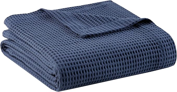 Madison Park 100% Cotton Blanket, Trendy Woven Waffle Weave Design, All Season, Lightweight, Breathable, Soft and Cozy Casual Summer Cover, for Bed, Couch and Sofa, King(108 in x 90 in), Indigo