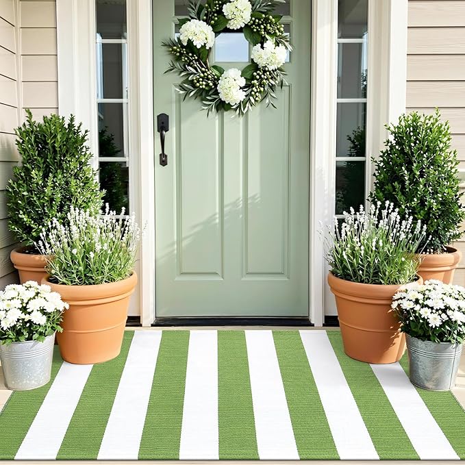 OLANLY Green and White Striped Rug 2' x 3' (24" x 36") – Washable Cotton Indoor Outdoor Doormat for Front Door, Entryway, Kitchen, Porch, Patio Decor