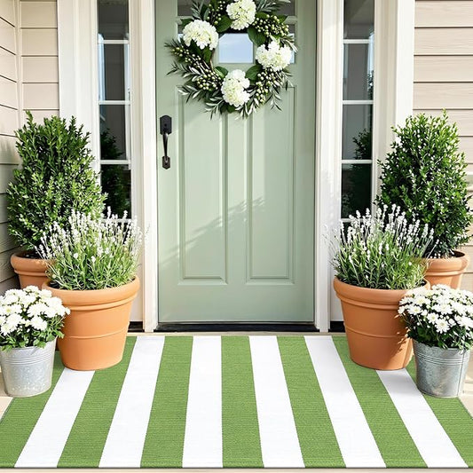 OLANLY Green and White Striped Rug 2' x 4'3" (24" x 51") – Washable Cotton Indoor Outdoor Doormat for Front Door, Entryway, Kitchen, Porch, Patio Decor