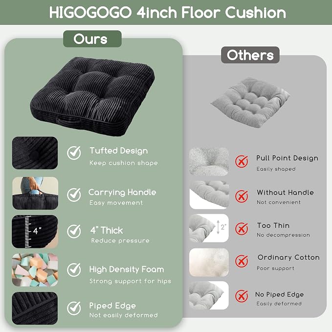 HIGOGOGO 4" Washable Floor Pillow Cushion for Adults, Meditation Cushion Pillow, Large Square Floor Sitting, Removable Tufted Corduroy Cover, for Tatami Living Room or Yoga, 22x22 Inch,Black