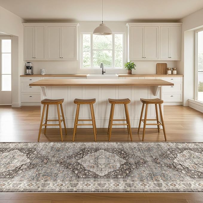 Runner Rug Kitchen Washable Rugs: 3x8 Non-Slip Boho Vintage Stain Resistant Indoor Neutral Farmhouse Throw Carpet for Hallway Bathroom Laundry Room Entryway Bedroom- Grey Brown