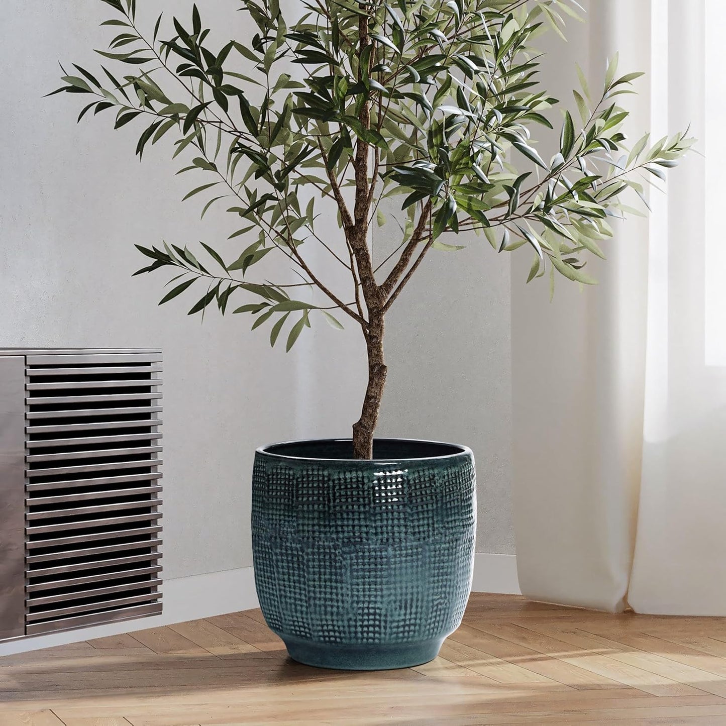 LuxenHome Marina Gray 12-Inch Dia Round Ceramic Planter Pot with Drainage Hole and Rubber Plug, Modern Gradient Glaze Plant Pot, Decorative Flower Garden Pot for Indoor Outdoor Plants