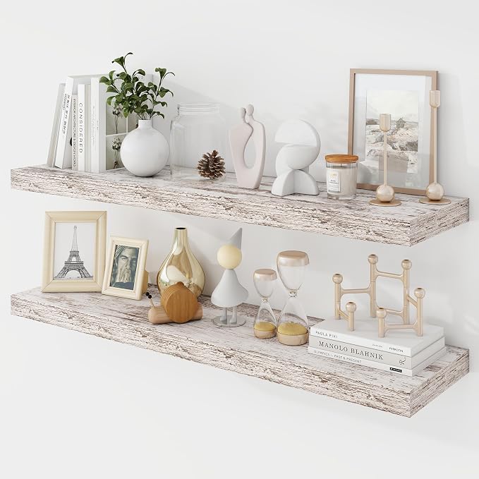 Acovy 36 Inch Floating Shelves, 9.3" Deep Floating Shelf Wall Mounted, 36" Wall Shelves, Rustic Deep Bookshelf, Large Display Shelves & Storage Shelves for Bedroom, Living Room, Rustic, Set of 2