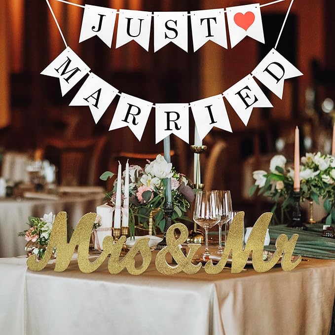 Mr & Mrs Sign for Wedding Table, Just Married Banner, Wedding Decoration Items, Head Table Wood Letter, Anniversary Party Valentine's Day Vintage Decor (Golden W/Banner)