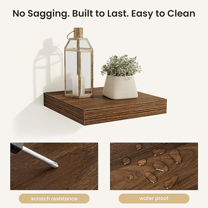 Fun Memories Rustic Wood Floating Shelves for Wall, Space-Saving Wall Mounted Shelves for Bathroom, Bedroom, Living Room and Kitchen, Stylish Storage & Display (Set of 4, Walnut, 9.3 in)