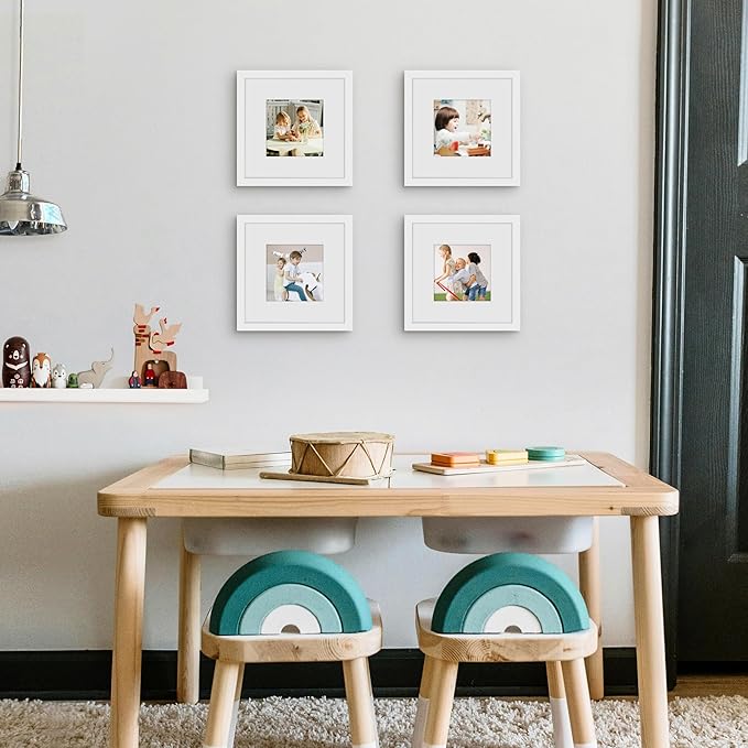 Picrit 8x8 Picture Frame Set of 12, Display 5x5 with Mat or 8 x 8 without Mat, Photo Frames for Wall Mounting or Table Top Display, White