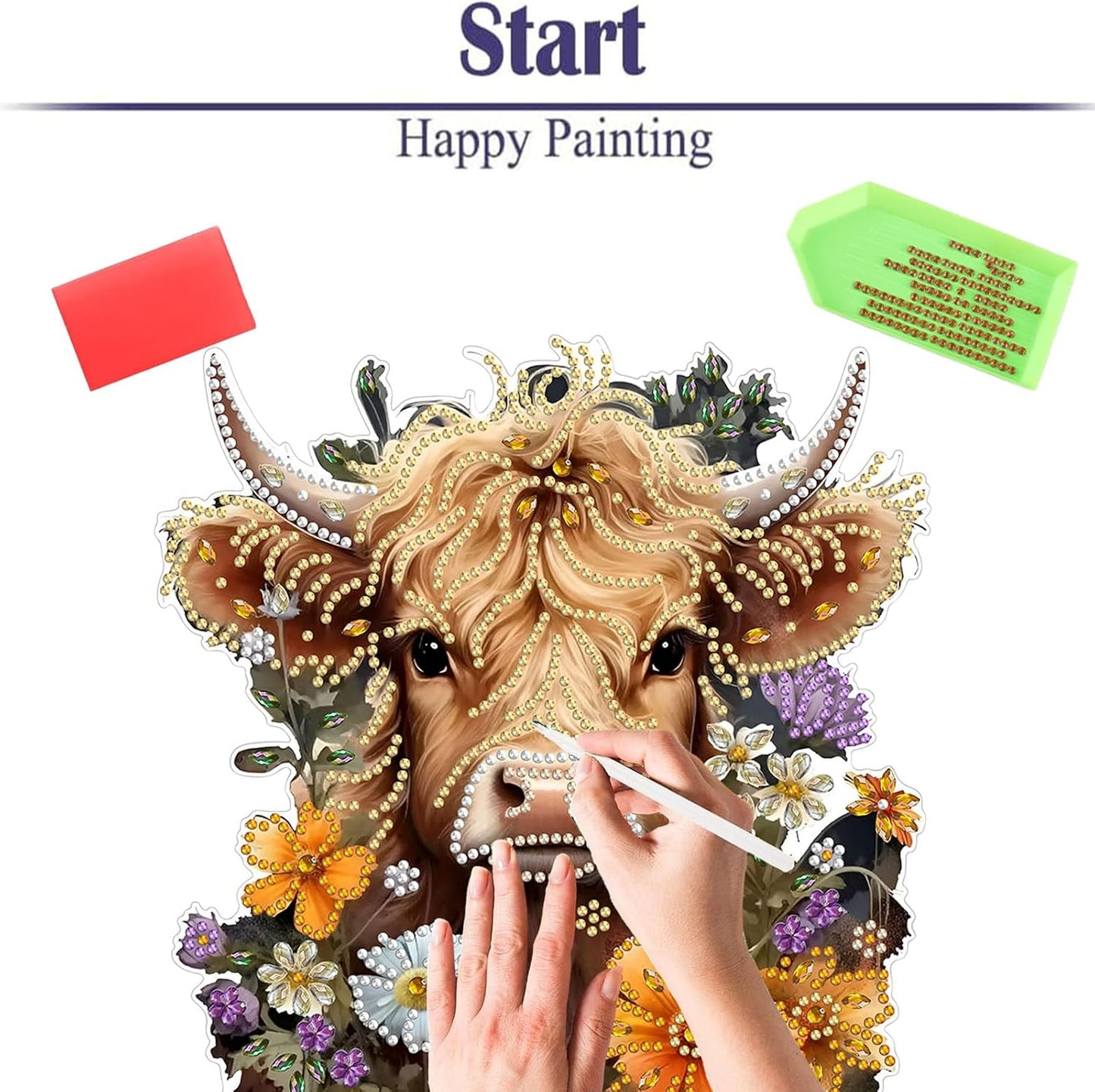 Diamond Painting Kits for Adults Beginners, 5D Full Drill Highland Cattle Crystal Art Desktop Ornament, DIY Single Sided Home Office Desk Decor, Creative Craft Gift Set with Tools