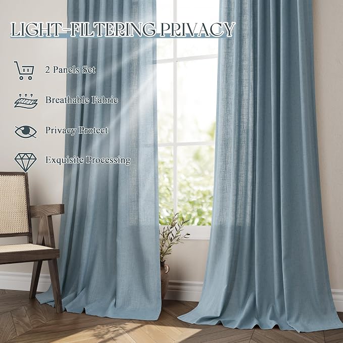 Jowels Blue Linen Curtains 63 Inch Long 2 Panels for Living Room | Light Filtering Semi Sheer Curtain, Back Tab Pocket Pleated Look, Boho Farmhouse Textured Privacy Drapes for Bedroom Window
