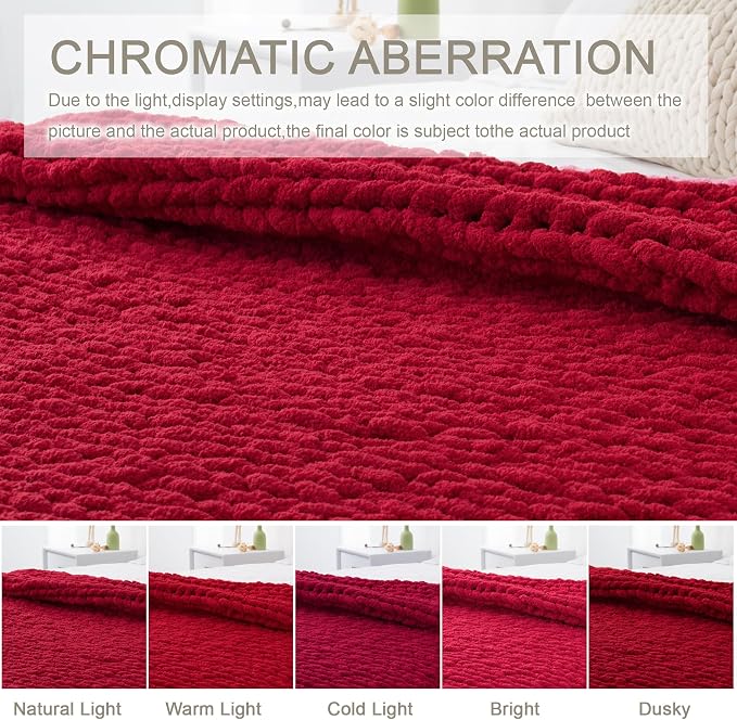Chunky Knit Throw Blanket 50x60, 100% Handmade Chenille Yarn | 4.4lbs Soft Thick Cable Knitted Blankets, Large Rope Knot Crochet Throws for Couch Sofa Bed Christmas Fall Decor, Red