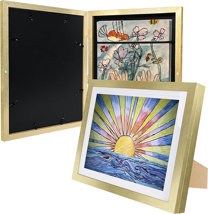2-Pack Kids Artwork Frames Changeable 10x12.5 with Easel Stands, Hangers, Backboards, Shatterproof Plexiglass | 2 Mats Fit 9x12, 8.5x11, A4 Paper Sizes | Large and Easy-Access Kids Art Frame Display and Storage for up to 100 Sheets (Gold)