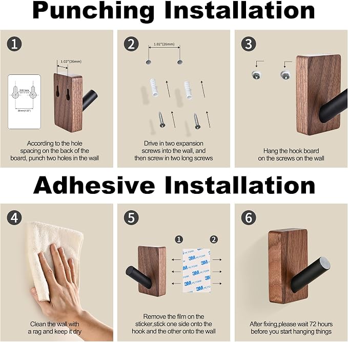 6 Pack Wooden Wall Hooks for Hanging, Adhesive Mounted & Wall Mounted Boho Decorative Walnut Wood Coat Hooks for Towel Clothes Blanket Hat Backpack Robe Nursery Door Board Entryway Key Holder