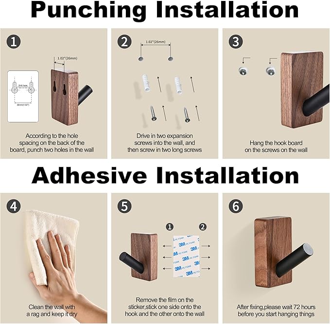 4 Pack Wooden Wall Hooks for Hanging, Adhesive Mounted & Wall Mount Boho Decorative Walnut Wood Coat Hooks for Towel Clothes Blanket Hat Backpack Robe Nursery Door Board Entryway Key Holder