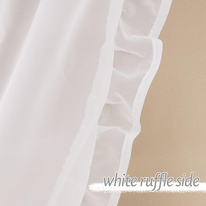 PONY DANCE Ruffle Curtains Double Layers Sheer Overlay Elegant Decoration for French Country Rustic Design Window Covering with Tiebacks, 52" Wide x 63" Long, Biscotti Beige, 2 Panels