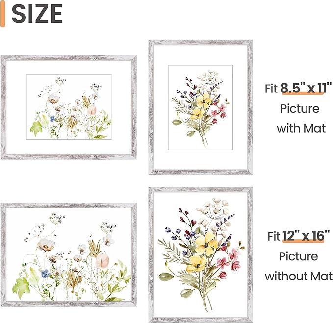 upsimples 12x16 Picture Frame, Display Pictures 8.5x11 with Mat or 12 x 16 Without, Wall Hanging Poster Frames, Rustic White, 1 Pack