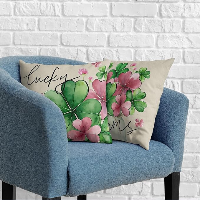 St Patricks Day Pillow Covers Pink Green Clover Shamrock Pillow Cases March Holiday Throw Pillow Covers 18x18 Set of 2 Lucky Charms Pillowcases for Couch Sofa Bed