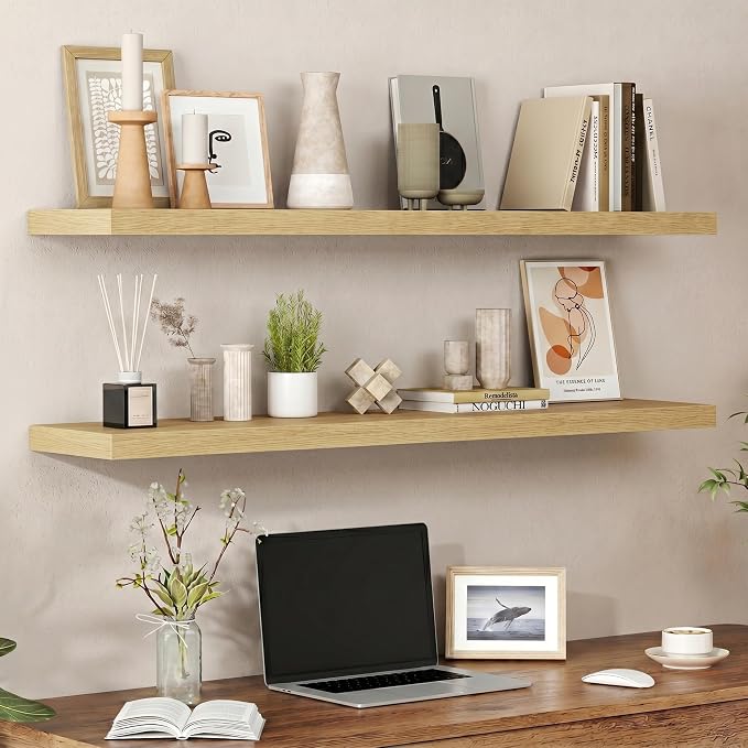 Heimlove Floating Shelves for Wall 48 Inches Long,9.3" Deep Oak Floating Shelf Set of 2,Wall Mounted Wood Shelves for Bathroom Bedroom Living Room Kitchen Office,Shelf for Books Storage Room Decor