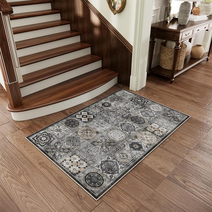 Washable Entryway Rug 3'x5 Non-Slip Backing Vintage Indoor Rug Low Pile Lighrweight Carpet for High-Traffic Indoor Entrance & Kitchen Farmhouse Decor
