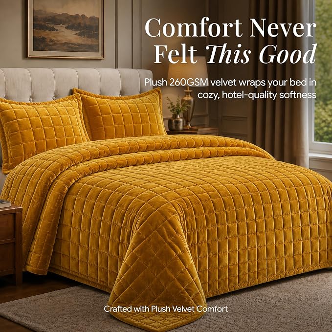 Tribeca Living Luxury Velvet Quilt Twin Size Set - 260GSM Ultra-Soft Oversized Velvet Bedspread Comforter Set with 1 Sham, in Florence Gold