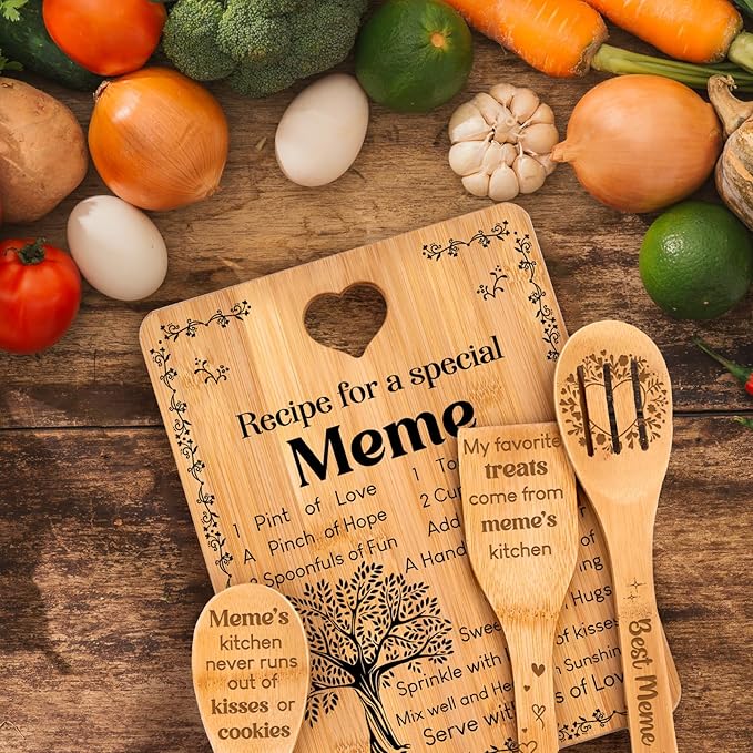 Meme Gifts - "Recipe for a Special Meme" Meme Gifts for Grandma Cutting Board Set, Bamboo-Made Engraved Utensil Set Gifts for Meme Cutting Board, Mothers Day Gifts for Meme.