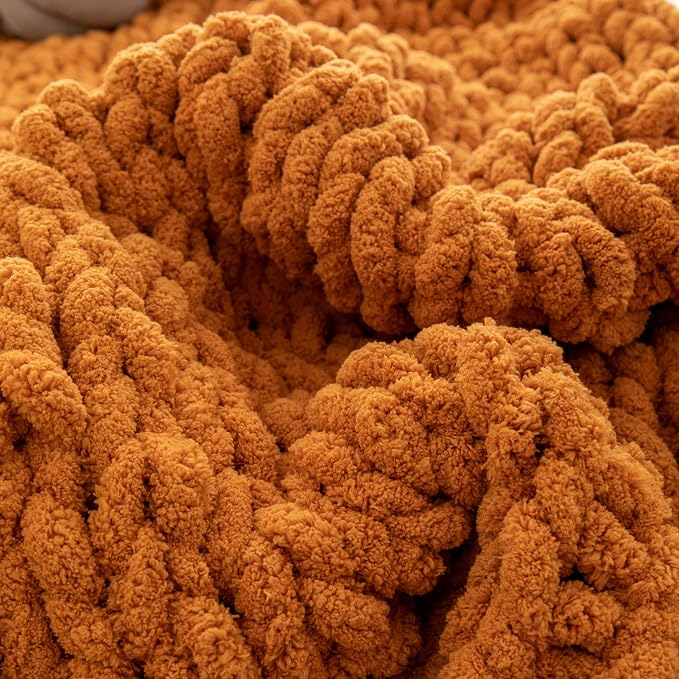 ATMOSURELY Ultra Soft Burnt Orange Chunky Knit Throw Blanket Cozy Fluffy Chenille Yarn Handmade Cable Knit Crochet Blanket for Bed Sofa Couch 50x60 Inches (Burnt Orange, 50"x60")