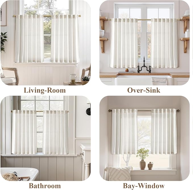 Jowels Natural Linen Curtains 42 Inch Long 2 Panels for Living Room | Ivory Light Filtering Sheer Curtain,Back Tab Pocket Pleated Look,Modern Farmhouse Textured Privacy Drapes for Bedroom Window