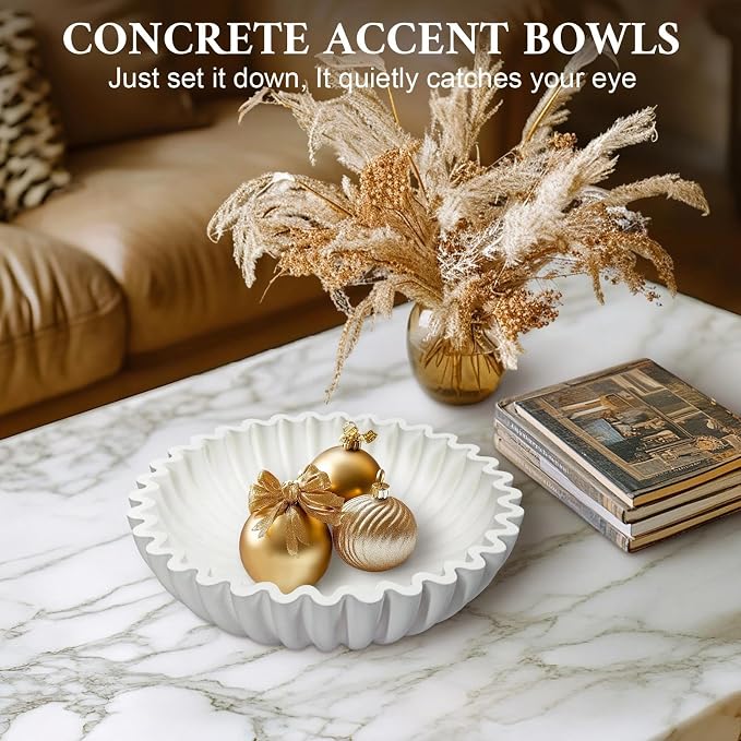 MAONAME Concrete Decorative Bowl, White Fruit Bowl for Kitchen Counter, Modern Handicraft Coffee Table Key Bowls, Large Scalloped Ruffle Bowls for Entryway, Home Decor