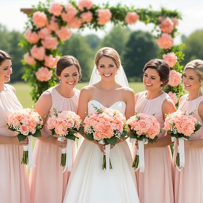 Auihiay 64 PCS Full Hydrangea Flowers, Silk Hydrangea Artificial Flowers Heads with Stems, Artificial Flowers for Wedding, Garden, Baby Shower, Party, Outdoor Indoor Decoration (Light Peach)