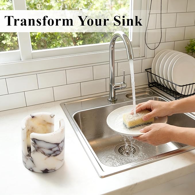 YMXYJM Natural Marble Sponge Holder, Sink Caddy for Kitchen Counter, Marble Decor Dish Sponge Holder with Anti-Slip Pad for Kitchen Sink Countertop, Fast Drying Rack, Sponge Caddy - Calacatta Viola