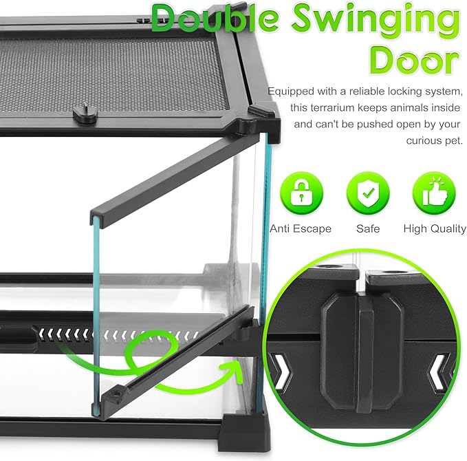 12"x12"x12" Reptile Terrarium, Double-Door Glass Terrestrial Vivarium for Tropical Amphibians Such as Pacman Frogs, with Lock, Cable Port & Waterproof Deep Base Below Front Doors
