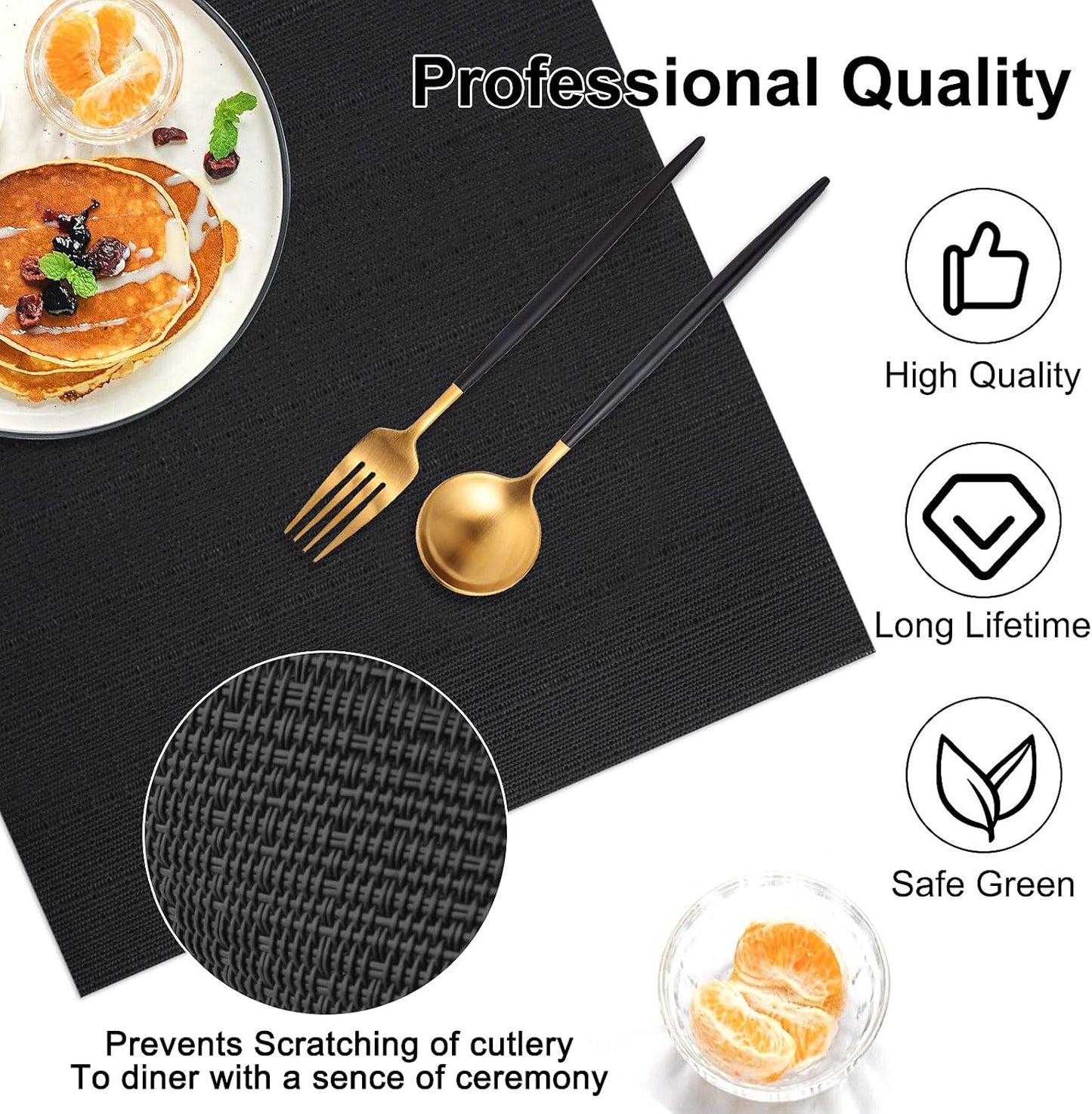 Vinyl Placemats Set of 6, PVC Woven Washable Non-Slip Table Mats, Heat Resistant Wrinkle Free Place Mats for Dining Table, Easy to Clean (6, Black)