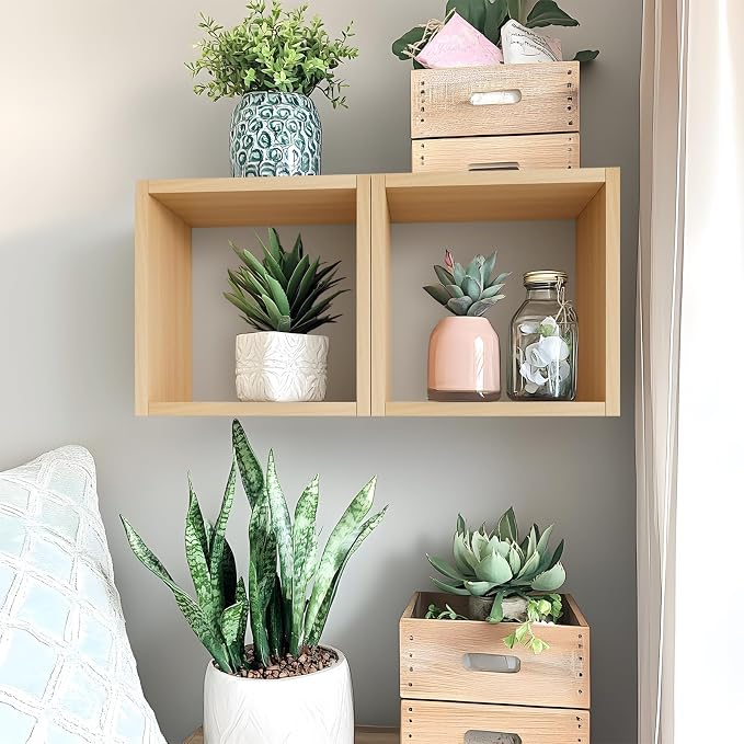 Kaboon Cube Floating Shelves Set2, Display Shelves Wall Mount 7.75" D x 12.5" W x 12.5" H, (Light Walnut, Square 2 Cubes)