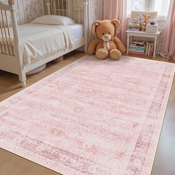 Pink Rug 5x8 for Bedroom Girls, Washable Non Slip Nursery Kids Room Rug Dorm, Aesthetic Distressed Area Rugs for Living Room, Low Pile Thin Carpet Rug for Playroom Dining Room Home Office