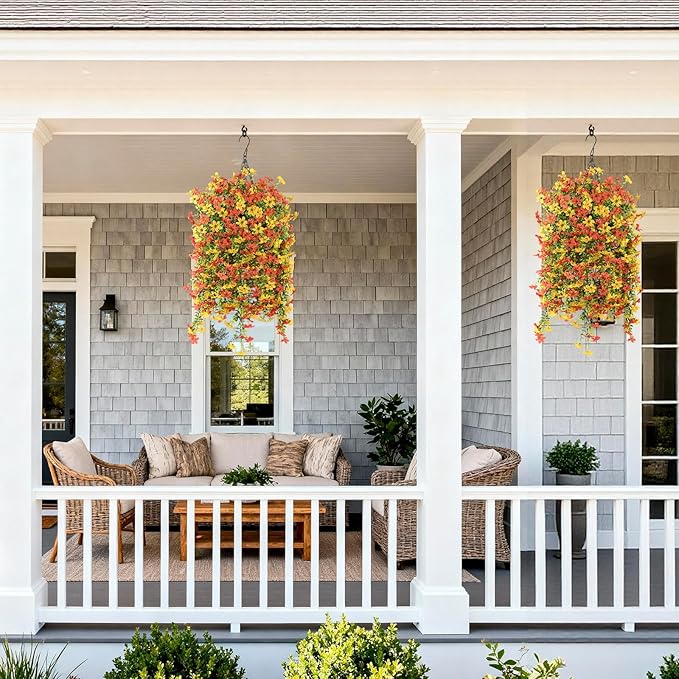 Artificial Fake Hanging Flowers Plants for Outdoor Spring Summer Decoration,2 PCS Faux Silk Daisy with Eucalyptus Leaves,UV Resistant Look Real for Outside Home Planter Porch Patio Balcony Yard Decor