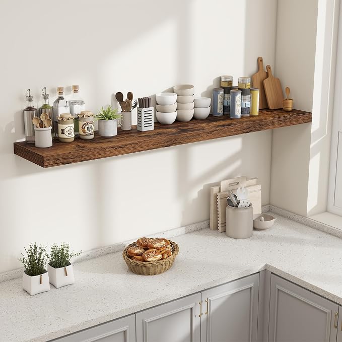 Fun Memories 72 Inch Fireplace Mantel Shelf, 12 Inch Deep Shelves for Display & Wall Storage, Rustic Wood Wall Shelf, Extra Long Floating Shelves for Living Room Laundry Room, Rustic Brown, Set of 2