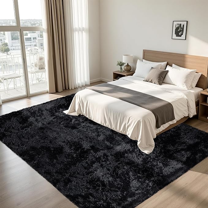 8x10 Area Rug for Living Room:Ultra Soft Fluffy Shag Black Rugs,Large Fuzzy Plush Indoor Non Slip Carpet Washable Rug for Bedroom Kids Nursery Office Dorm Modern Decor(Black)
