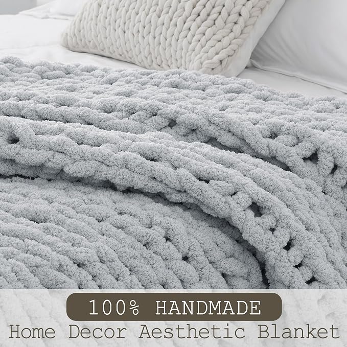 Chunky Knit Throw Blanket 50x60, 100% Handmade Chenille Yarn | 4.4lbs Soft Thick Cable Knitted Blankets, Large Rope Knot Crochet Throws for Couch Sofa Bed Machine Washable, Grey