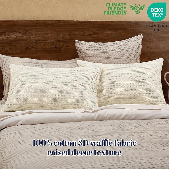 PHF 100% Cotton Waffle Pillow Shams Standard Size, 2 Pack 20" x 26" Soft Skin-Friendly Pillowcases, No Filling, Aesthetic Woven and Breathable Waffle Weave Pillow Case Covers for Bed, Ivory