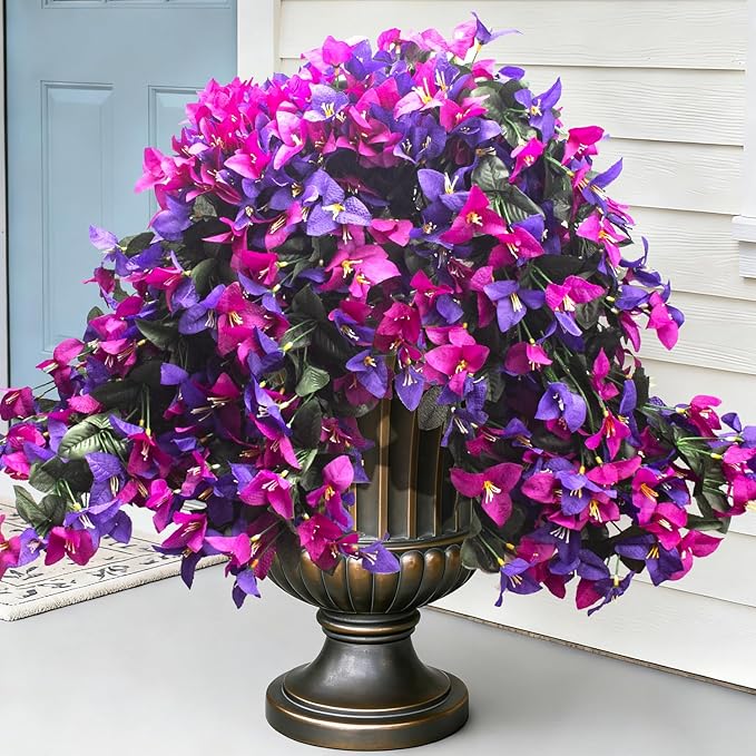 Grunyia 4 Pack Artificial Bougainvillea Hanging Basket Flowers – UV Resistant Fake Flowers with Silk Petals, Realistic Trailing Plants, Outdoor Indoor Wall Garden Home Wedding Decor