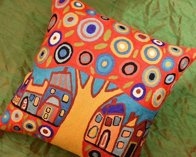 Red Tree of Life Throw Pillow Cover Karla Gerard Floral Tree Pillowcase Flower Chair Cushion Mid Century Couch Pillowsham Red Farmhouse Cushions Hand Embroidered Wool 18x18 Inch