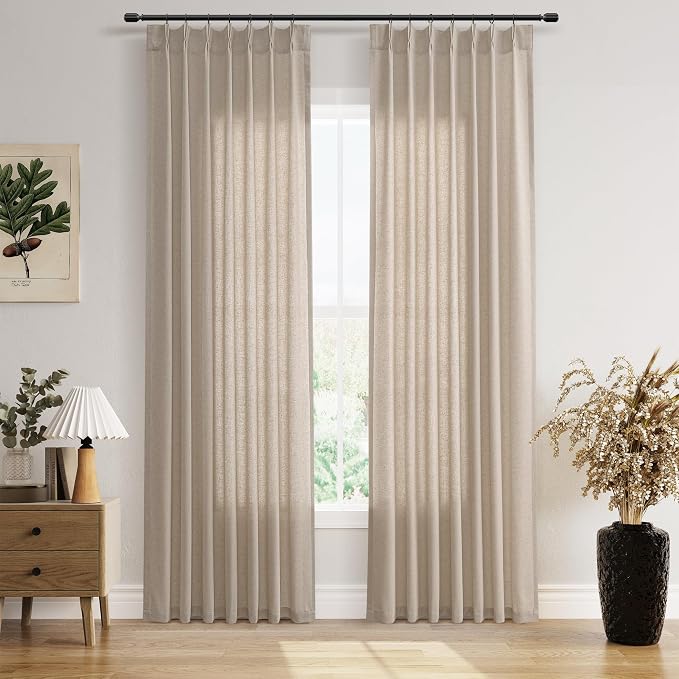 Guken Light Khaki Pinch Pleated Linen Curtains 84 Inch Length 2 Panels Set for Living Room Bedroom Neutral Modern Farmhouse Boho Light Filtering Semi Sheer Back Tab Draps with Hooks Rings 40x84