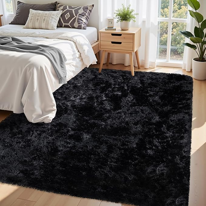 6x9 Area Rug for Living Room:Ultra Soft Fluffy Shag Black Rugs,Large Fuzzy Plush Indoor Non Slip Carpet Washable Rug for Bedroom Kids Nursery Office Dorm Modern Decor(Black 6'x9')