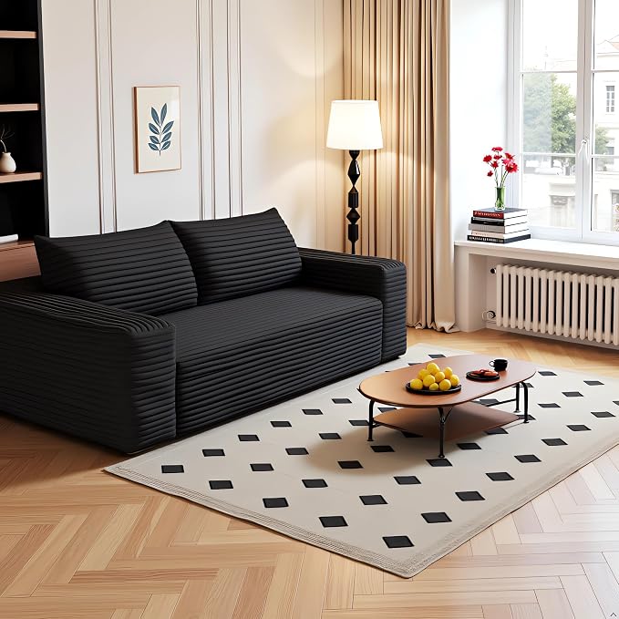 JINGLING 63" Small Couches for Small Spaces | Boneless Couch in a Box: Compressed Sofa | Apartment Furniture Love Seat for Living Room & Bedroom | No Assembly | Corduroy | Black