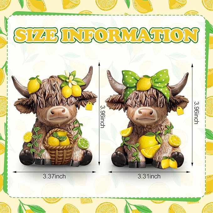 Wesiti 2 Pcs Lemon Highland Cow Figurines Summer Highland Cow Gnomes Scottish Resin Statue Calf Lemon Gifts for Spring Home Garden Kitchen Office Tiered Tray Table Decor