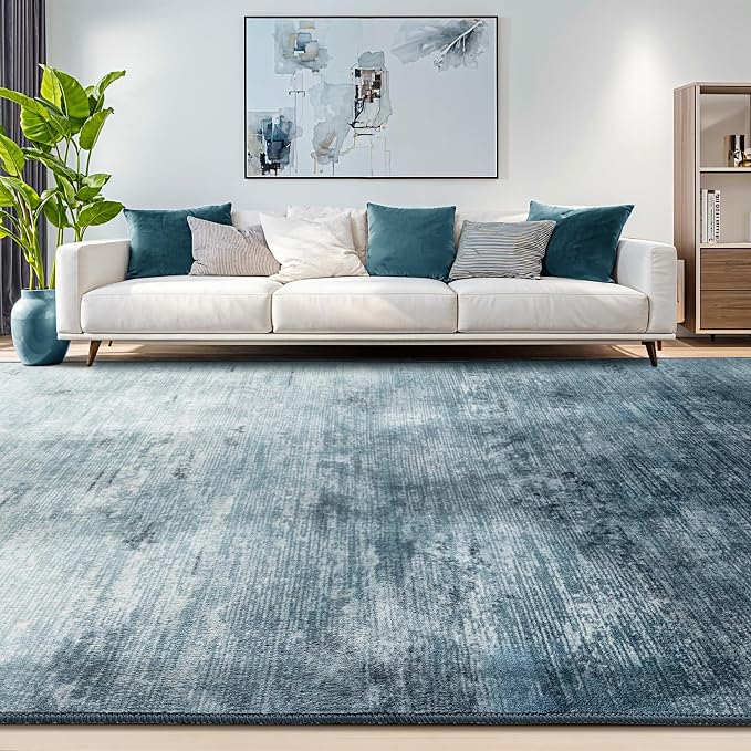 10x14 Washable Area Rug, Blue Solid Area Rugs for Living Room & Bedroom | Stain-resistant & Non-slip backing,Low Pile Washable Large Carpet, Solid Vintage Style For High Traffic Areas(10x14,Blue)