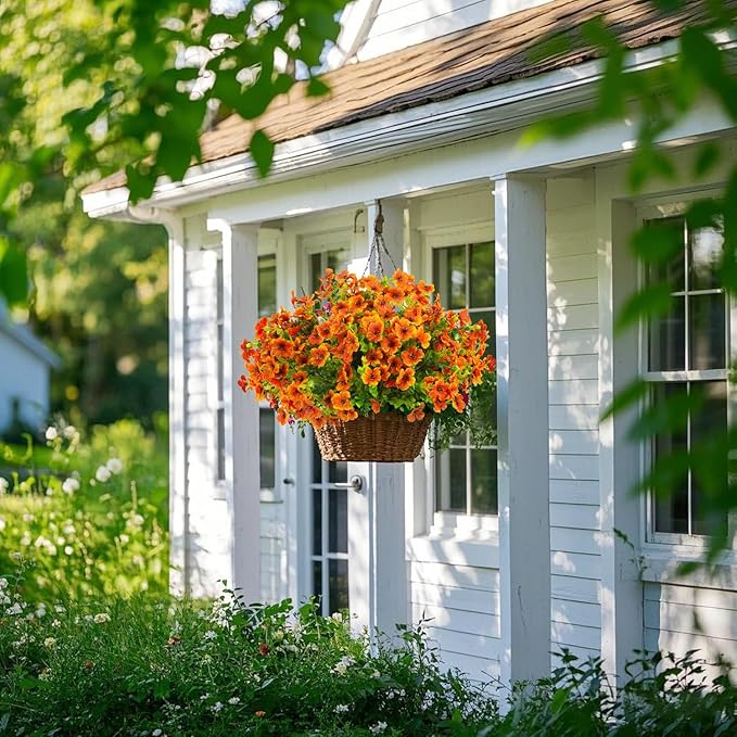 Grunyia Artificial Fake Flowers for Outdoor Spring Decoration, 16 Bundles Faux Silk Colorful Daisy UV Resistant Realistic for Outside Porch Patio Home Yard Garden Planters Pots Window Box (Orange)