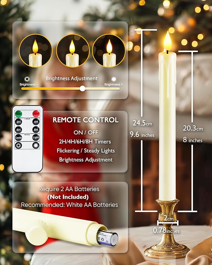 Homemory 12 Pcs Plastic Flameless Taper Candles with Remote Timer Dimmer, Ivory Led Candlesticks with Flickering Flame Light, Lifelike Taper Candles Battery Operated for Indoor Decoration 9.6 Inches